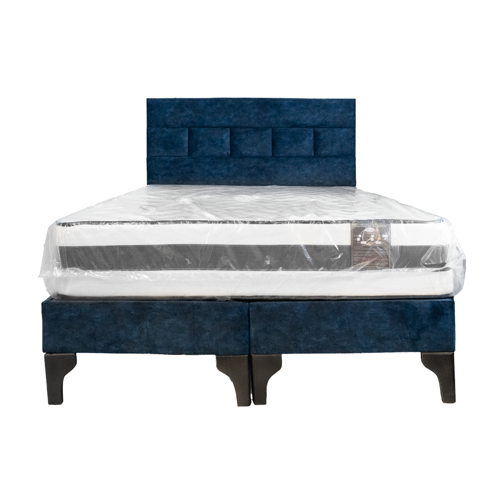 Cama 2 Plazas Azul con Colchón Ortopédico y Respaldo Mixto