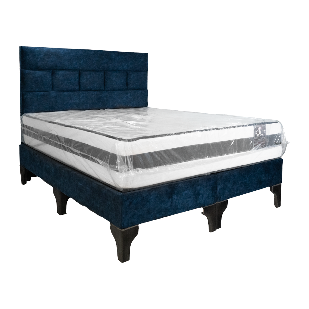 Cama 2 Plazas Azul con Colchón Ortopédico y Respaldo Mixto