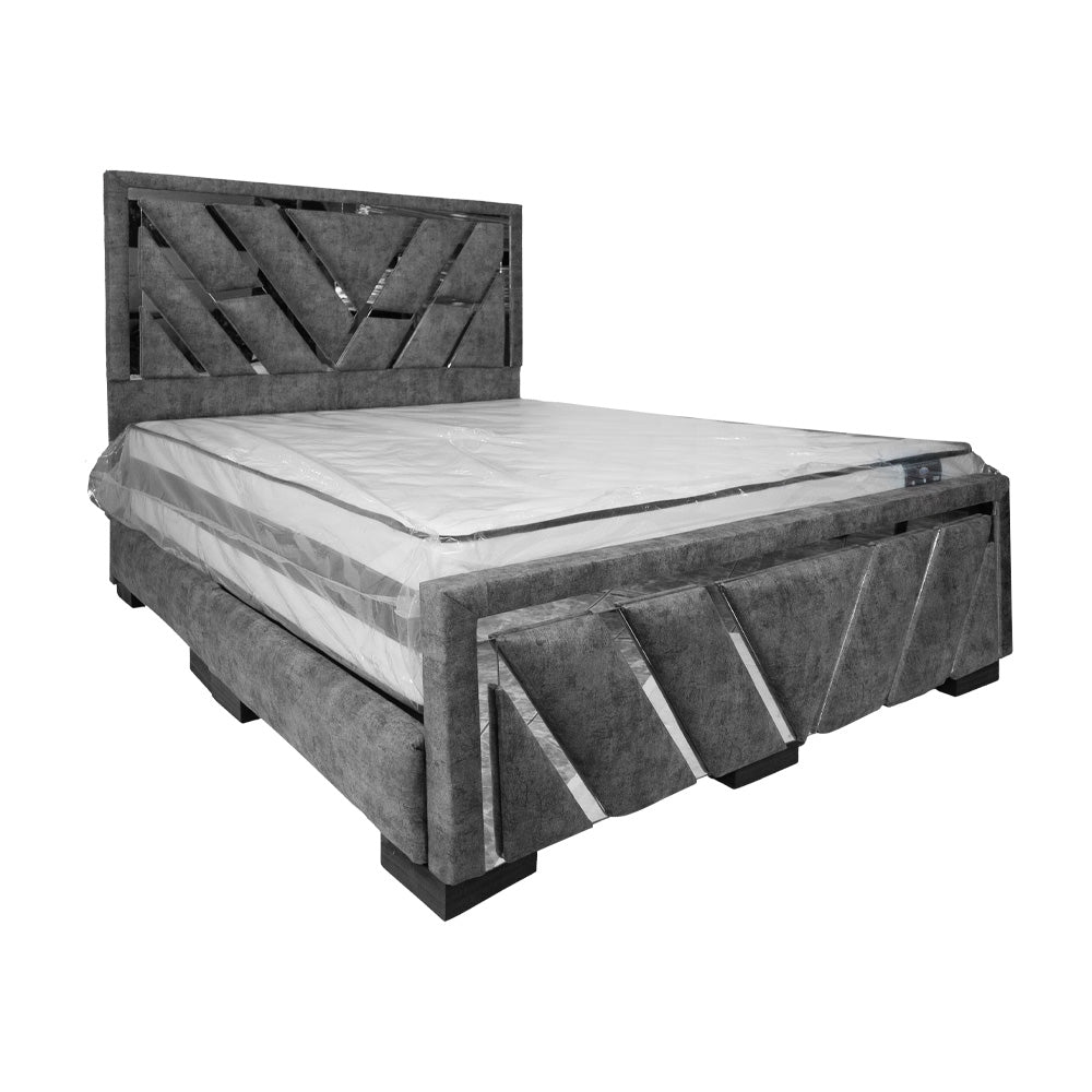 Cama Gris de 2 Plazas con Respaldo de Espejo – Estilo Moderno